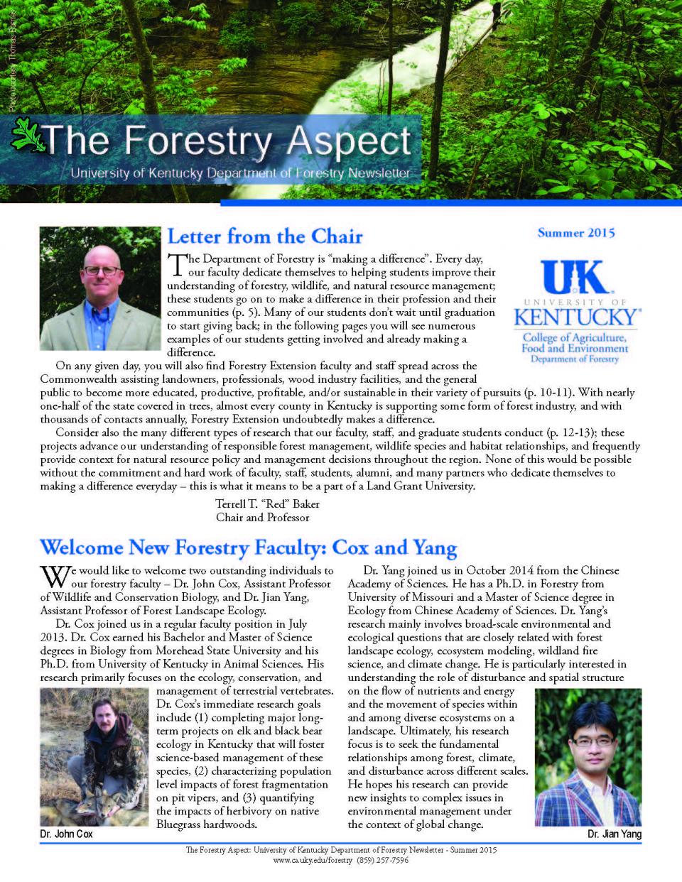 Cover page of the Department Newsletter - Summer 2015